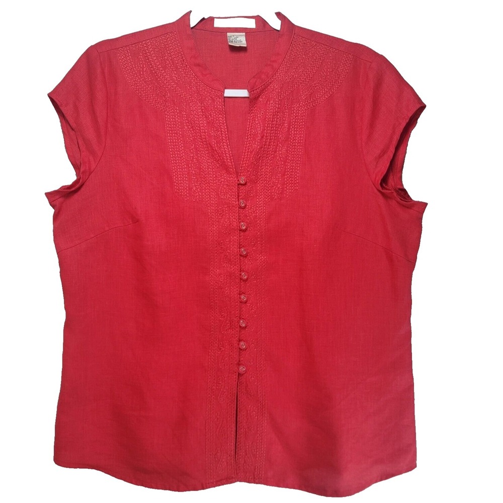 Susan Bristol Linen Mandarin Style Top Shirt Womens L‎ Red Embroidered Buttoned